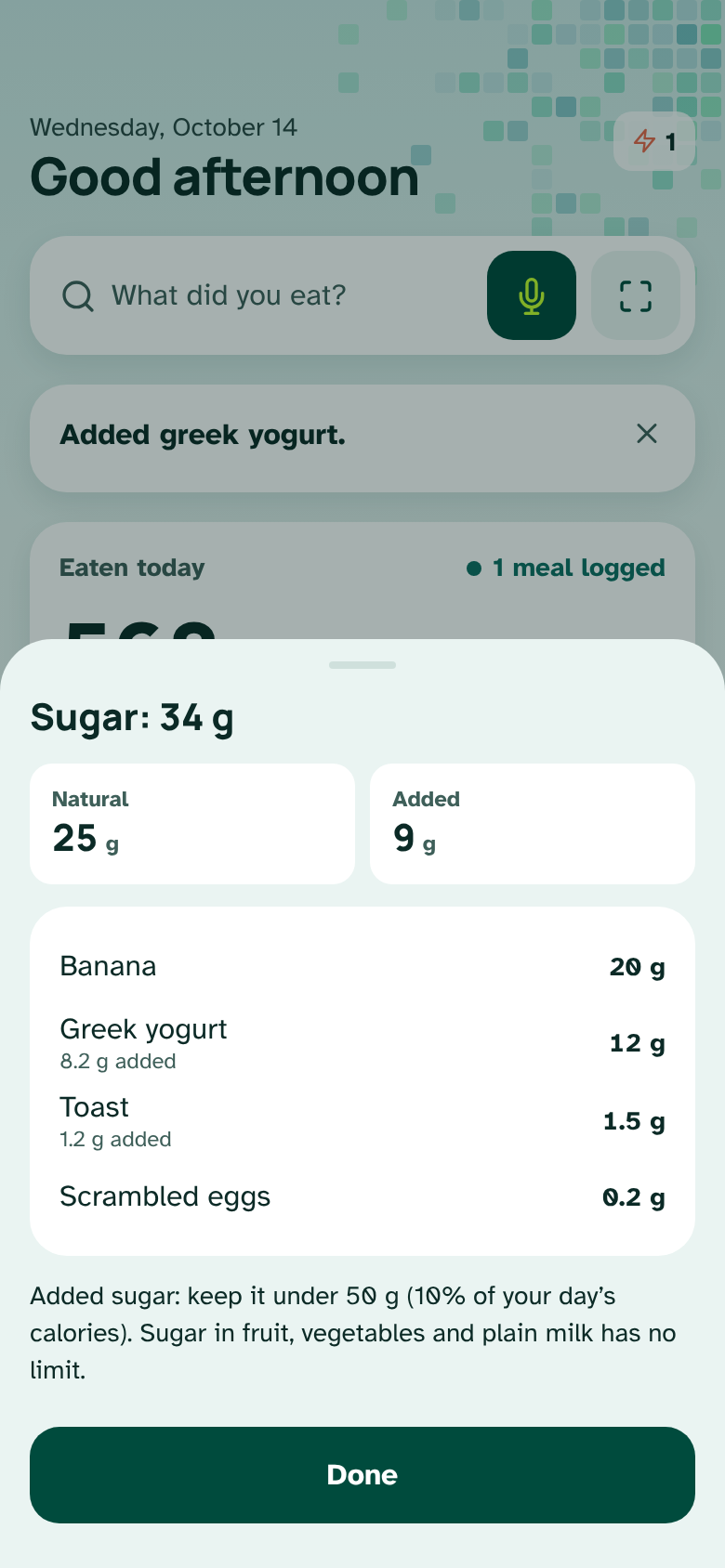 Kolvi's sugar breakdown: 34 g of sugar, 25 g natural and 9 g added, with the banana, Greek yogurt, toast and eggs listed